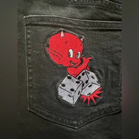 Dolls Kill Black and Red Flame Boot Cut Jeans - Picture 6 of 9